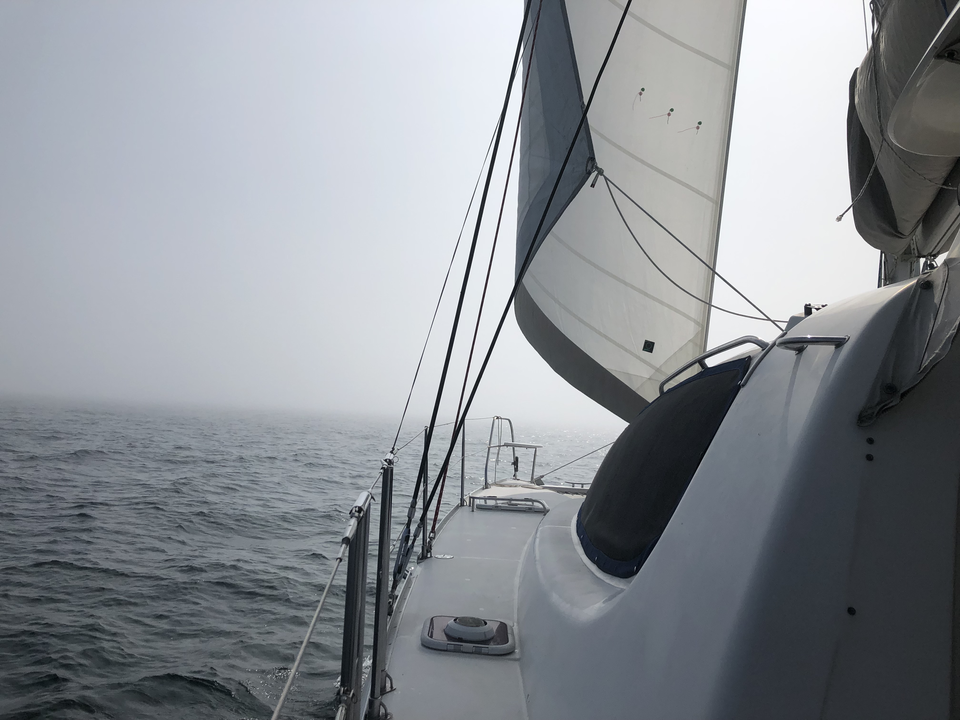 Sailing through the fog in Fishers Island Sound