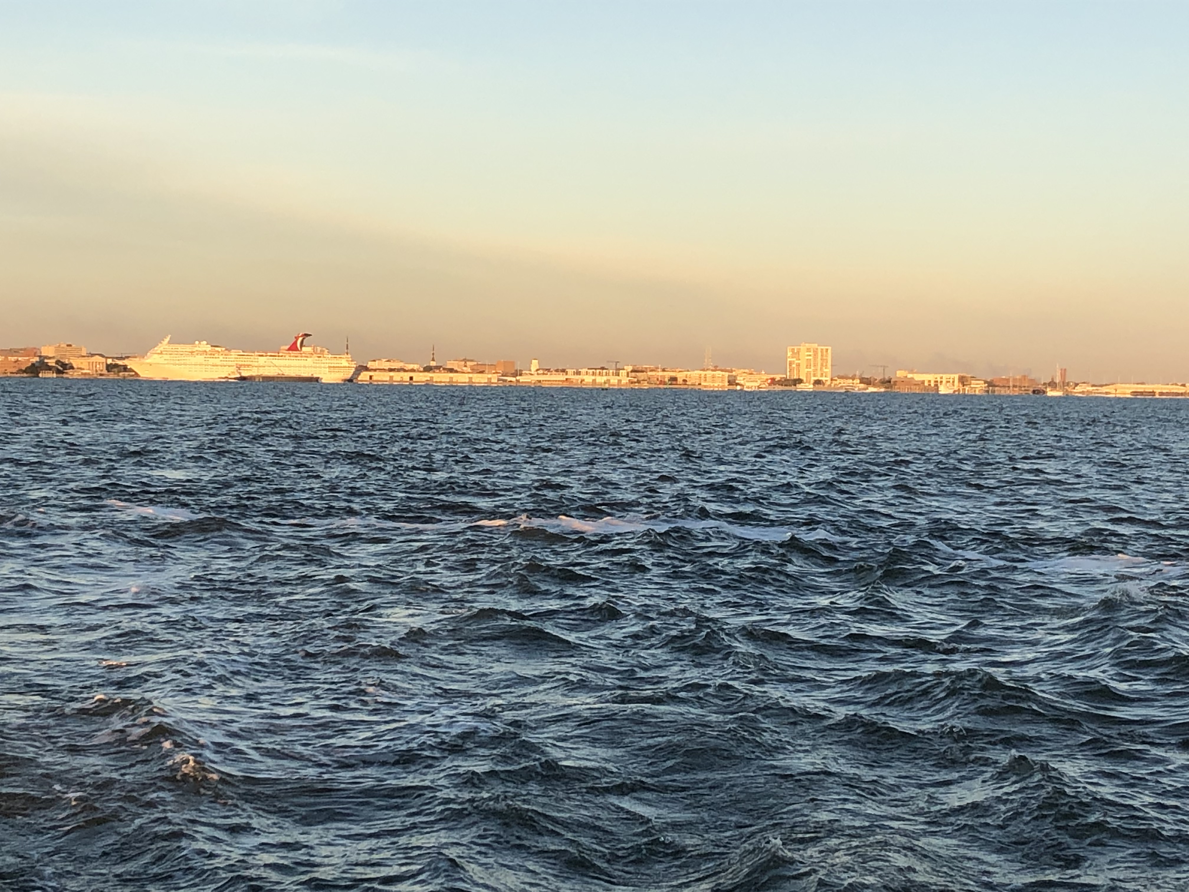 Leaving Charleston Harbor. A little jealous of the warm cruise ship passengers