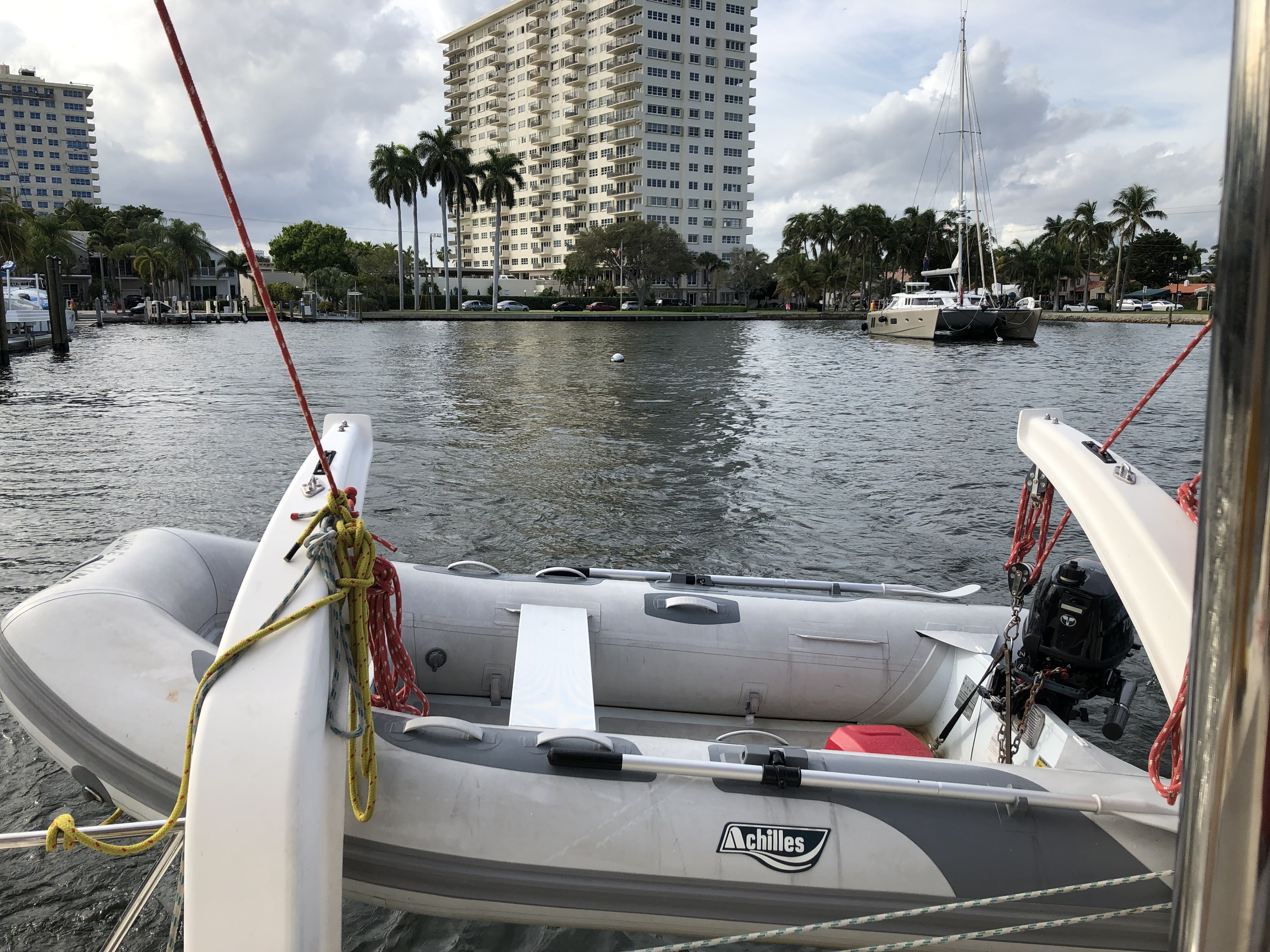 Our home for a month, the little white mooring ball in the background.